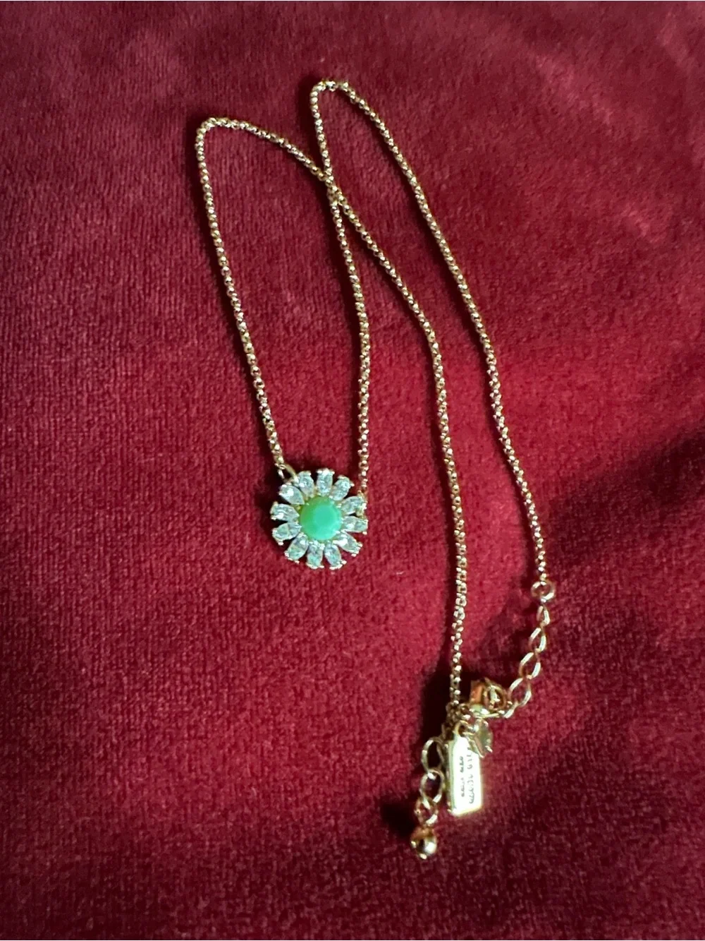 Vintage KateSpade NY Gold Tone small Necklace with Green Gem Floral Pendant